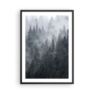 Póster en marco negro - Un bosque brumoso con altos árboles de coníferas. - 50x70cm - Amanecer en el bosque - Decoración de pared moderna para salón y dormitorio ARTTOR