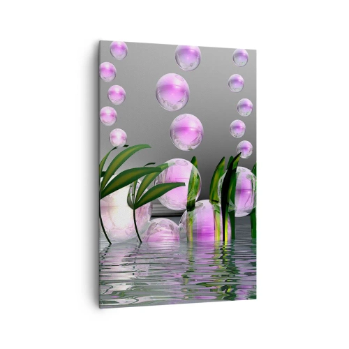 Cuadro sobre lienzo - Impresión de Imagen - Hojas verdes y burbujas rosadas sobre el agua sobre un fondo gris. - 80x120cm - Composición reflexiva de ligereza y vida - Decoración de pared moderna para salón y dormitorio ARTTOR