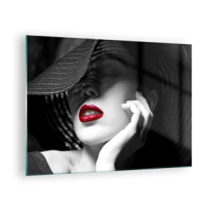 Cuadro sobre vidrio - Impresiones sobre Vidrio - Composición en blanco y negro con acento de labios rojos. - 70x50cm - Estudio en escarlata - Decoración de pared moderna para salón y dormitorio ARTTOR