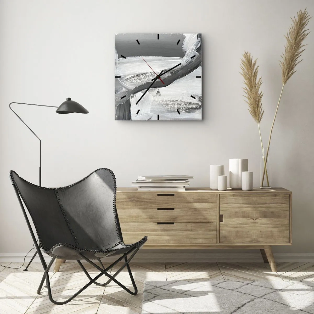 Reloj de pared - Reloj de vidrio - Abstracción gris y blanca con líneas dinámicas. - 30x30cm - Con movimientos decididos - Decoración de pared moderna para salón y dormitorio ARTTOR