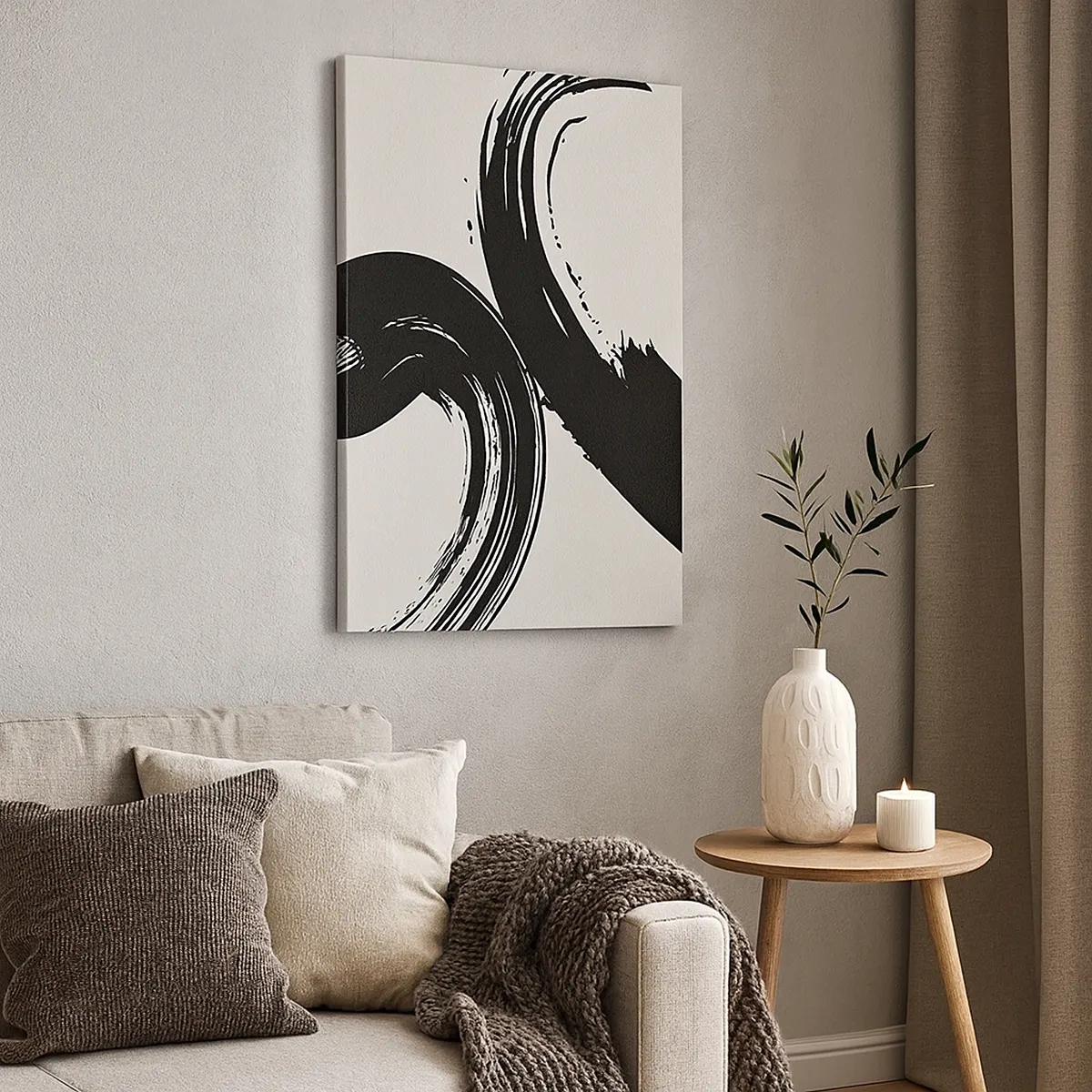Cuadro sobre lienzo - Impresión de Imagen - Pinceladas dinámicas en negro sobre un fondo claro - 50x70cm - Barrido y circular - Decoración de pared moderna para salón y dormitorio ARTTOR