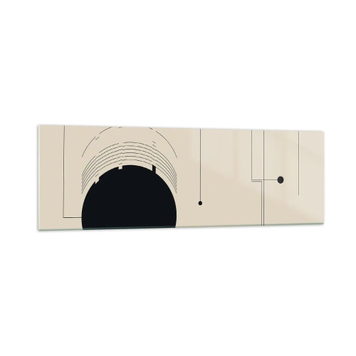 Cuadro sobre vidrio - Impresiones sobre Vidrio - Líneas geométricas negras y un círculo sobre un fondo beige. - 160x50cm - Composición elástica y dinámica - Decoración de pared moderna para salón y dormitorio ARTTOR