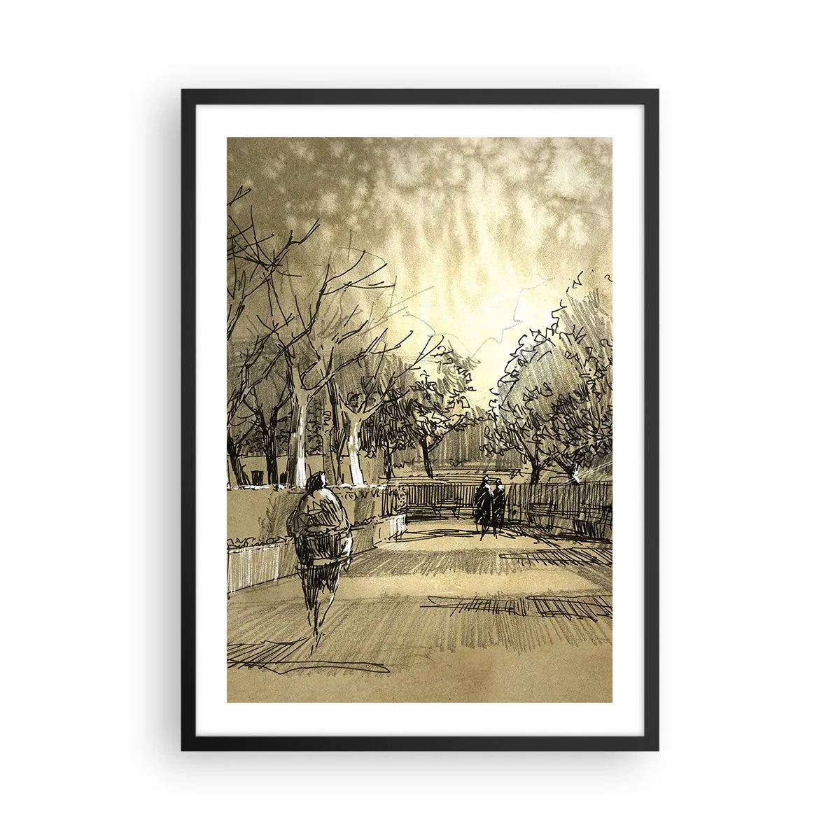 Póster en marco negro - Ilustración de un parque en estilo boceto en tonos sepia - 50x70cm - Un momento hecho a pluma - Decoración de pared moderna para salón y dormitorio ARTTOR