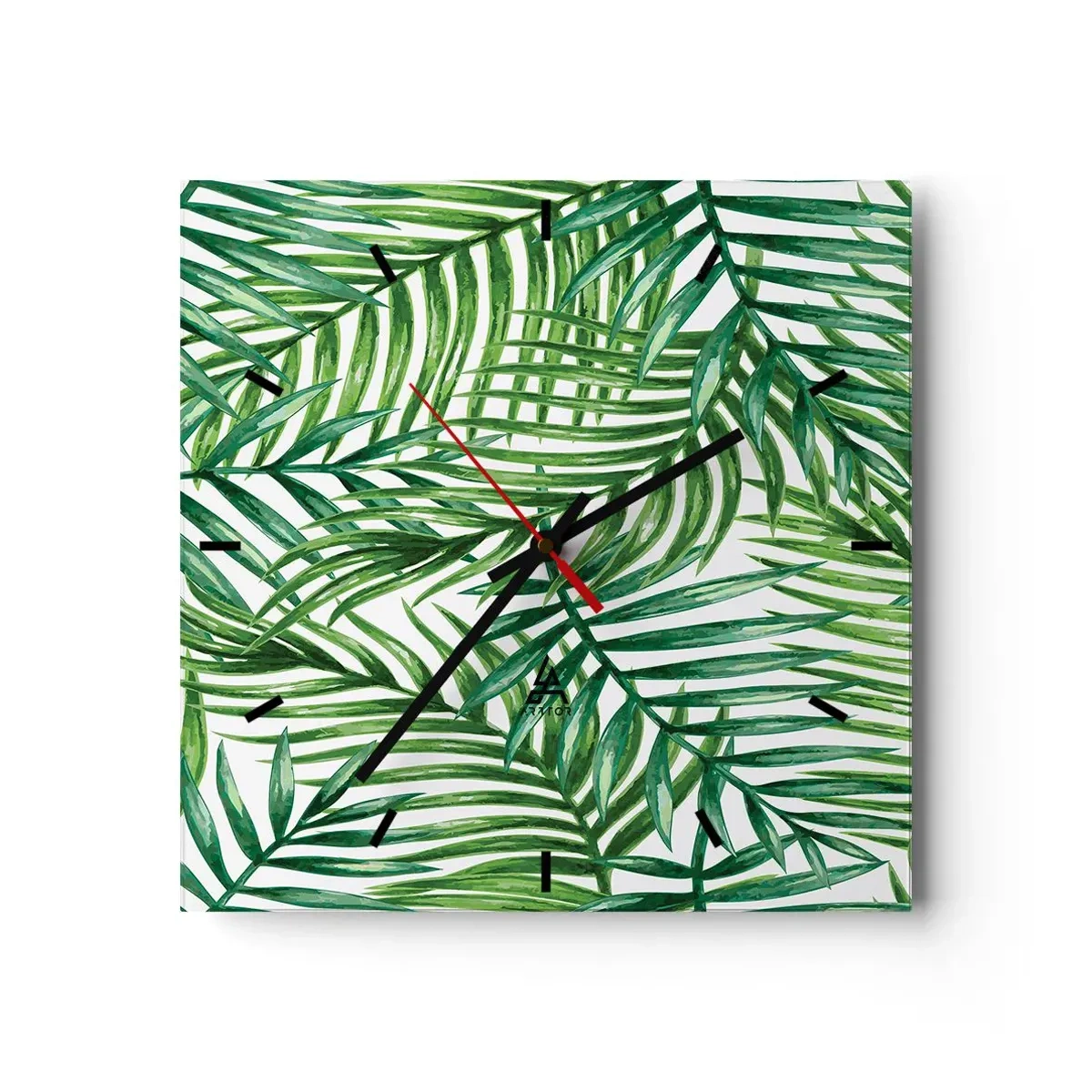 Reloj de pared - Reloj de vidrio - Hojas de palmera tropical verde sobre un fondo claro - 30x30cm - Bajo el verde - Decoración de pared moderna para salón y dormitorio ARTTOR
