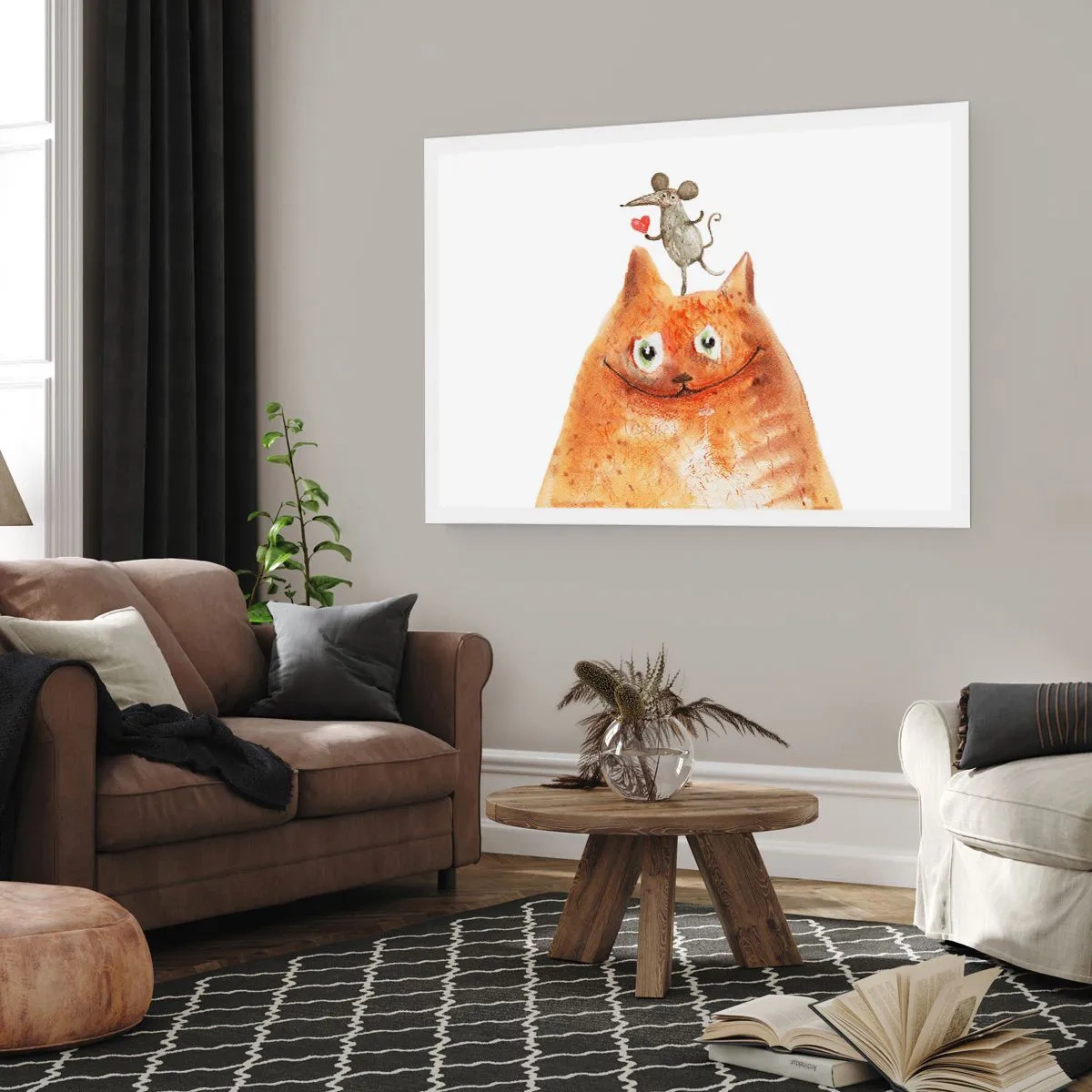 Póster - Un dibujo de un gato con un ratón en la cabeza sosteniendo un corazón. - 100x70cm - Paradojas del amor - Decoración de pared moderna para salón y dormitorio ARTTOR