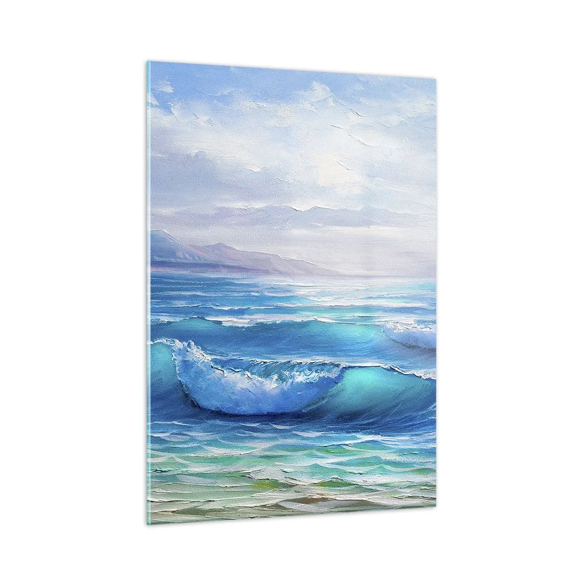 Cuadro sobre vidrio - Impresiones sobre Vidrio - Olas azules del mar golpeando la orilla en un día soleado - 50x70cm - Trae consuelo - Decoración de pared moderna para salón y dormitorio ARTTOR