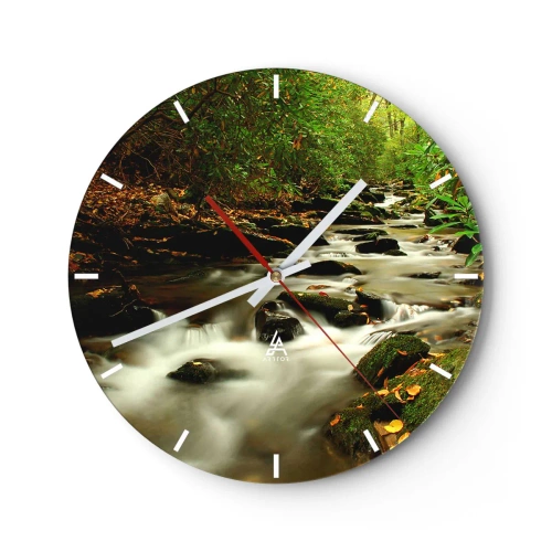 Reloj de pared - Reloj de vidrio - Un arroyo forestal rodeado de vegetación. - 30x30cm - Como plata líquida - Decoración de pared moderna para salón, cocina y dormitorio ARTTOR
