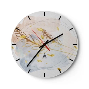 Reloj de pared - Reloj de vidrio - Un delicado motivo floral con acentos dorados en acuarela. - 30x30cm - Ráfaga dorada - Decoración de pared moderna para salón, cocina y dormitorio ARTTOR