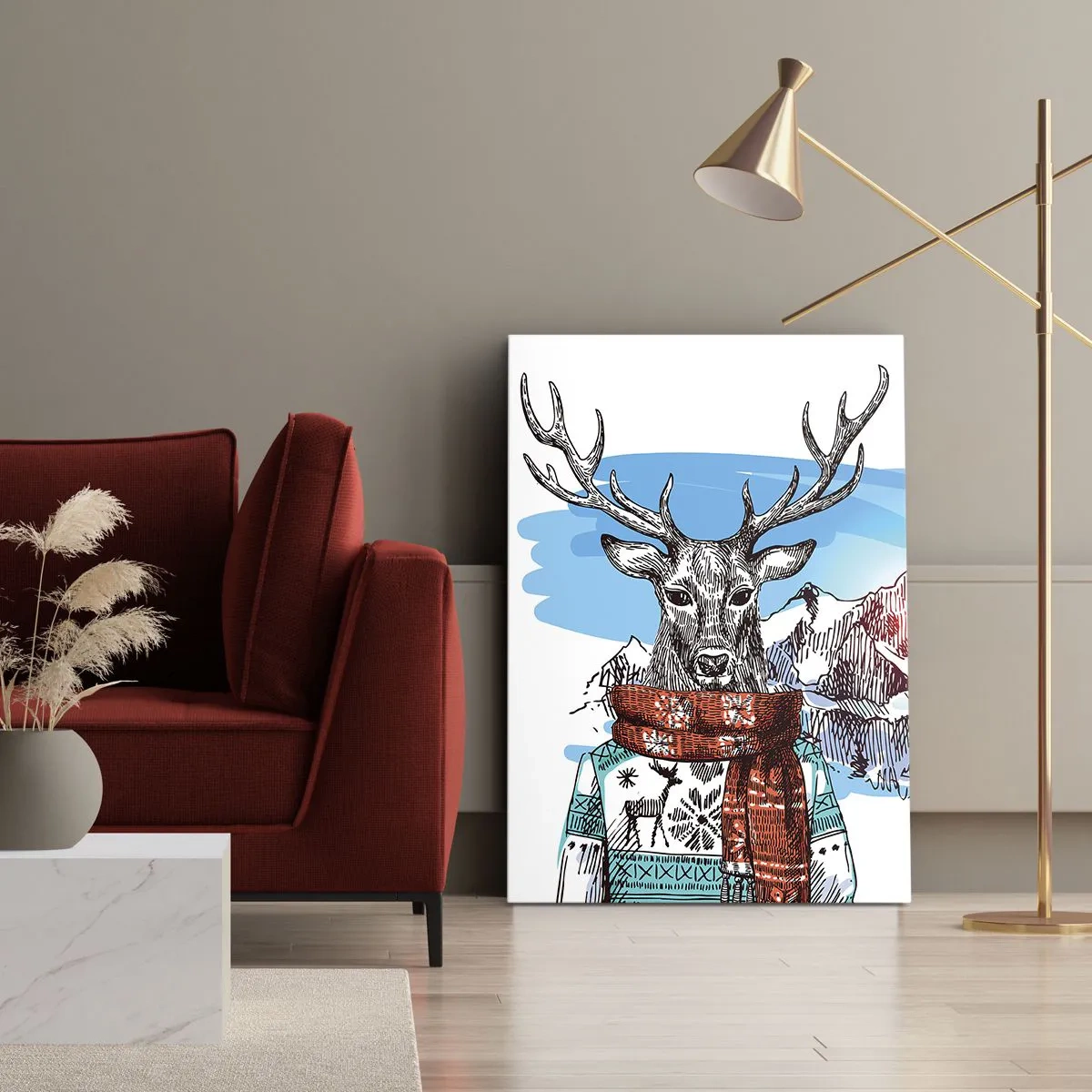 Cuadro sobre lienzo - Impresión de Imagen - Un ciervo con un suéter de invierno frente a un paisaje montañoso. - 50x70cm - Ni el ciervo pasa frío - Decoración de pared moderna para salón y dormitorio ARTTOR