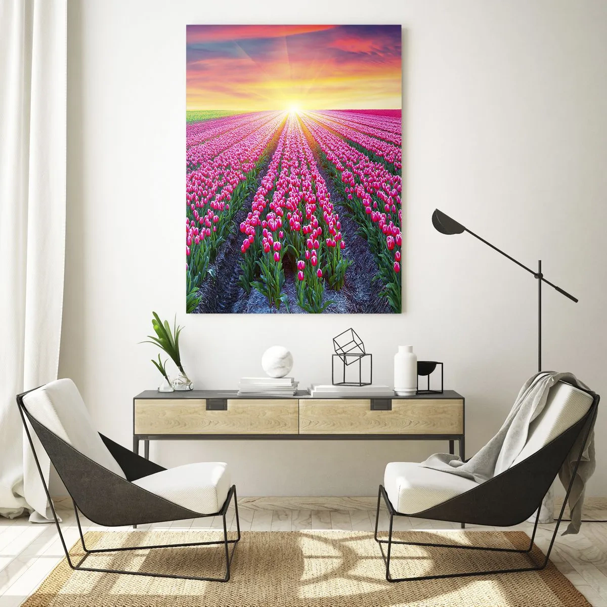 Cuadro sobre vidrio - Impresiones sobre Vidrio - Un campo de tulipanes rosados bajo los rayos del sol poniente. - 50x70cm - Granja de belleza - Decoración de pared moderna para salón y dormitorio ARTTOR