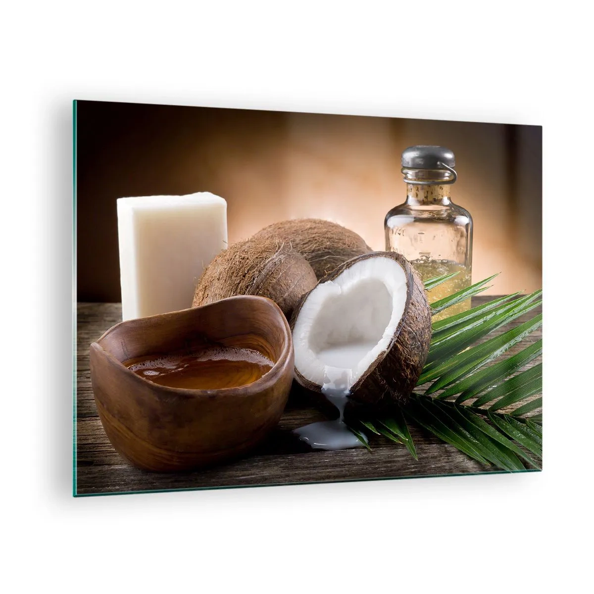 Cuadro sobre vidrio - Impresiones sobre Vidrio - Ingredientes naturales con coco y aceite sobre fondo de madera. - 70x50cm - Salud de las islas tropicales - Decoración de pared moderna para salón y dormitorio ARTTOR