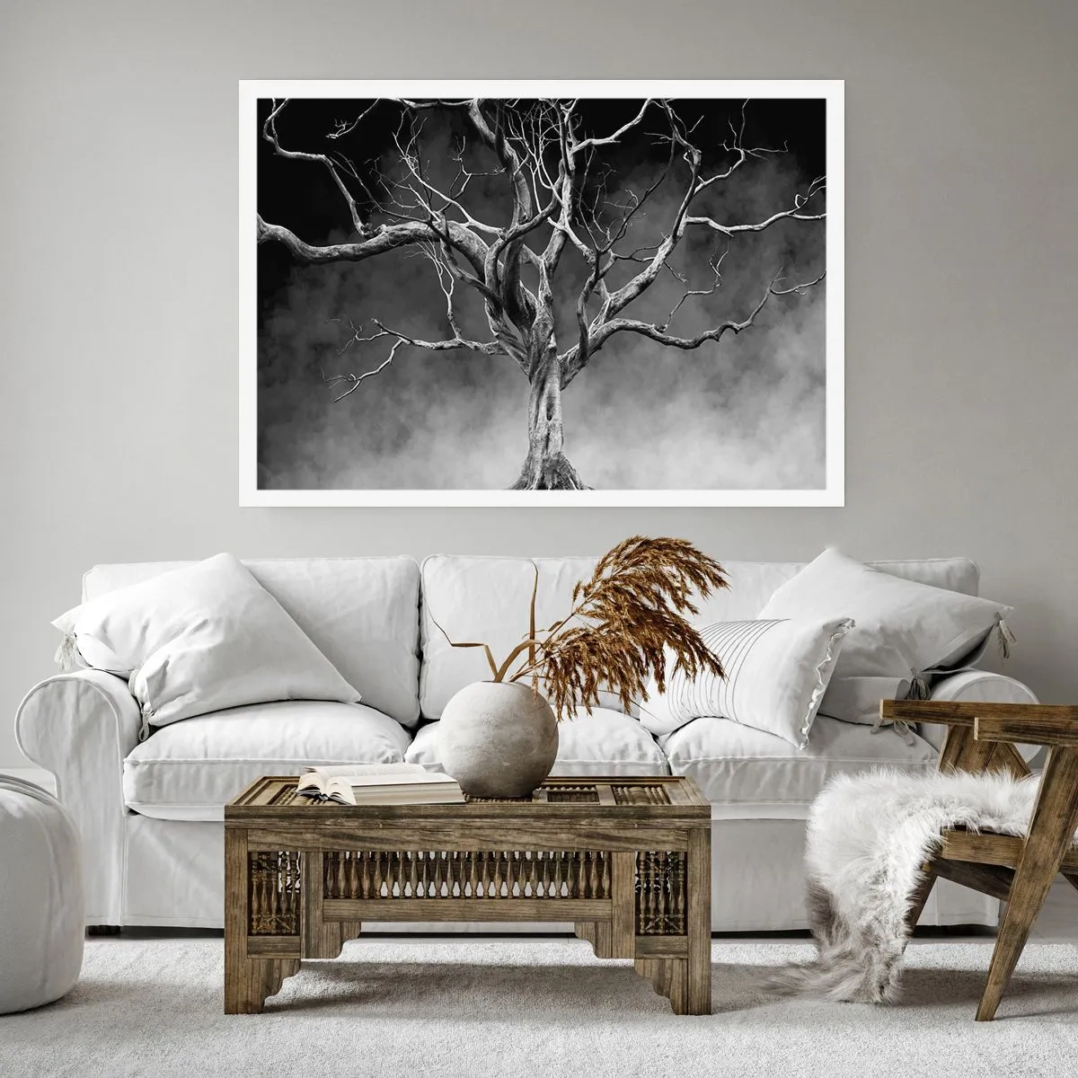 Póster - Un árbol seco en blanco y negro contra la niebla. - 100x70cm - Primordial y sagrado - Decoración de pared moderna para salón y dormitorio ARTTOR