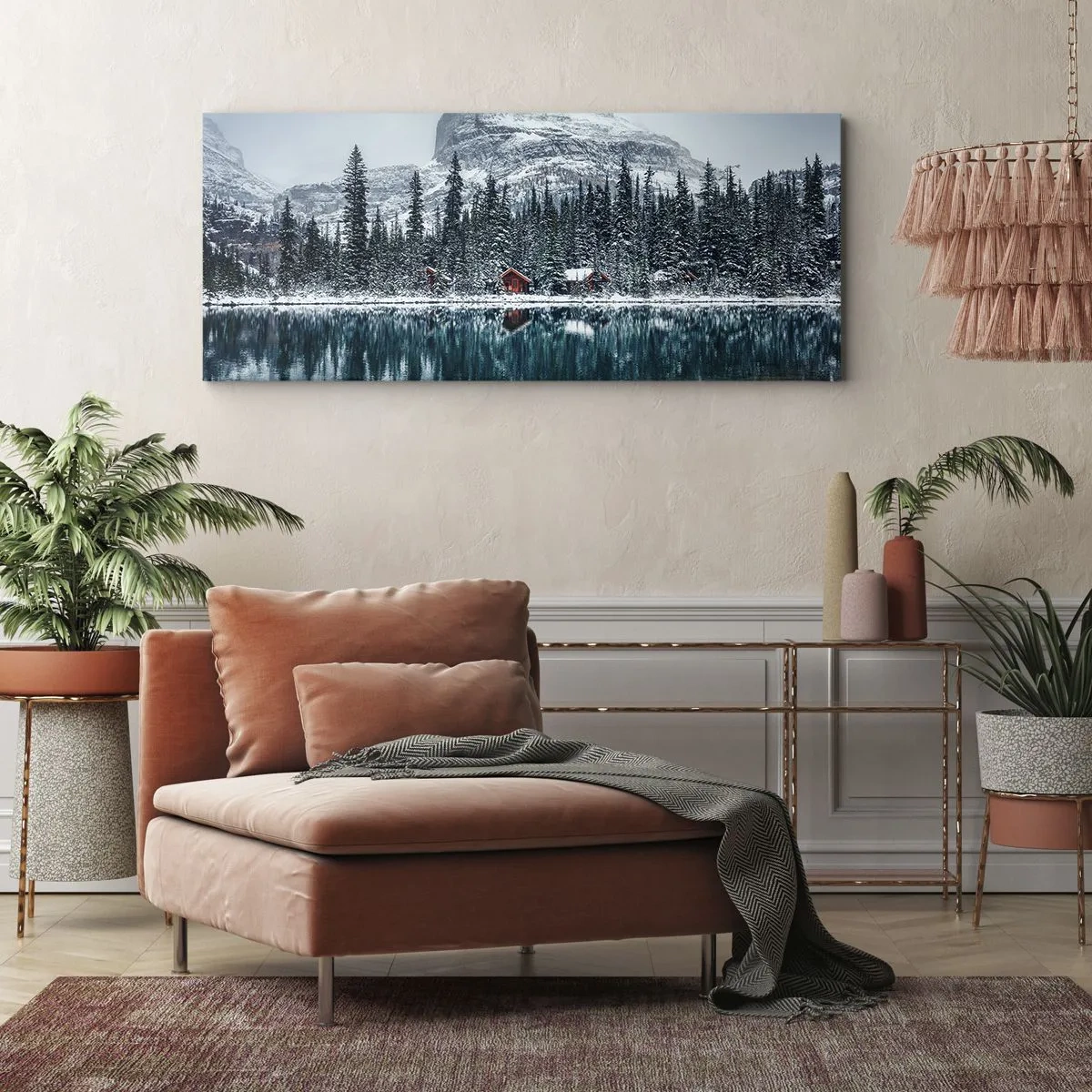 Cuadro sobre lienzo - Impresión de Imagen - Paisaje invernal con cabañas en el bosque junto a un lago congelado - 120x50cm - Retiro canadiense - Decoración de pared moderna para salón y dormitorio ARTTOR