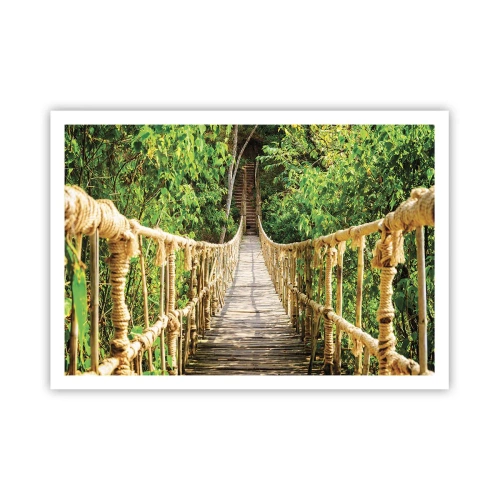Póster - Un puente colgante en un bosque tropical lleno de vegetación. - 100x70cm - Suspendido en verde - Decoración de pared moderna para salón y dormitorio ARTTOR