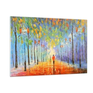 Cuadro sobre vidrio - Impresiones sobre Vidrio - Un parque colorido con un callejón y faroles de estilo pictórico. - 120x80cm - La canción nocturna de la lluvia - Decoración de pared moderna para salón y dormitorio ARTTOR