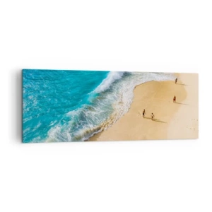 Cuadro sobre lienzo - Impresión de Imagen - Una playa con agua turquesa y gente paseando. - 140x50cm - Y luego el sol, la playa... - Decoración de pared moderna para salón y dormitorio ARTTOR