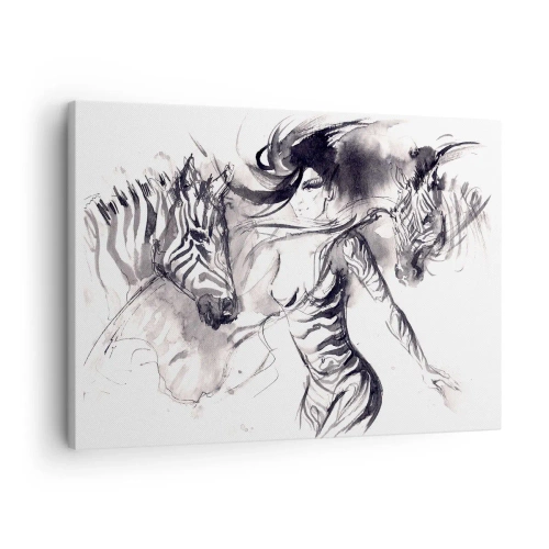Cuadro sobre lienzo - Impresión de Imagen - Una mujer en una danza dinámica con cebras en una estética en blanco y negro. - 70x50cm - Bailando con las cebras - Decoración de pared moderna para salón y dormitorio ARTTOR
