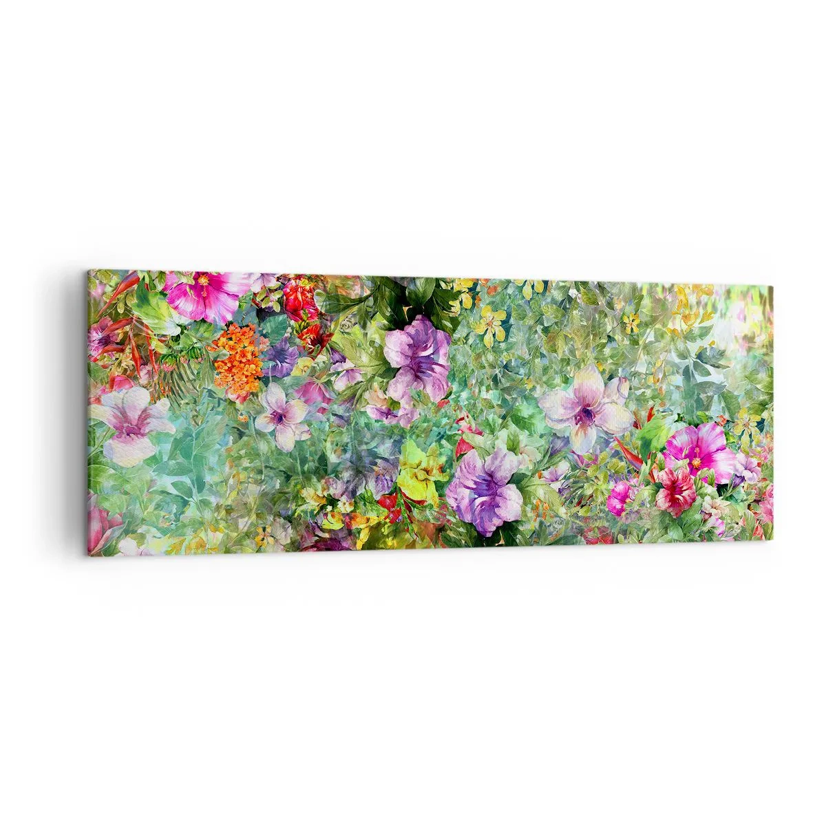 Cuadro sobre lienzo - Impresión de Imagen - Un arreglo floral colorido sobre un fondo verde. - 140x50cm - En flores a la perdición - Decoración de pared moderna para salón y dormitorio ARTTOR
