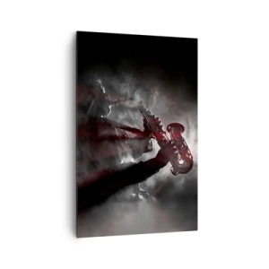Cuadro sobre lienzo - Impresión de Imagen - Saxofonista en humo en el escenario en negro y rojo atmosférico - 80x120cm - En el vapor del jazz - Decoración de pared moderna para salón y dormitorio ARTTOR