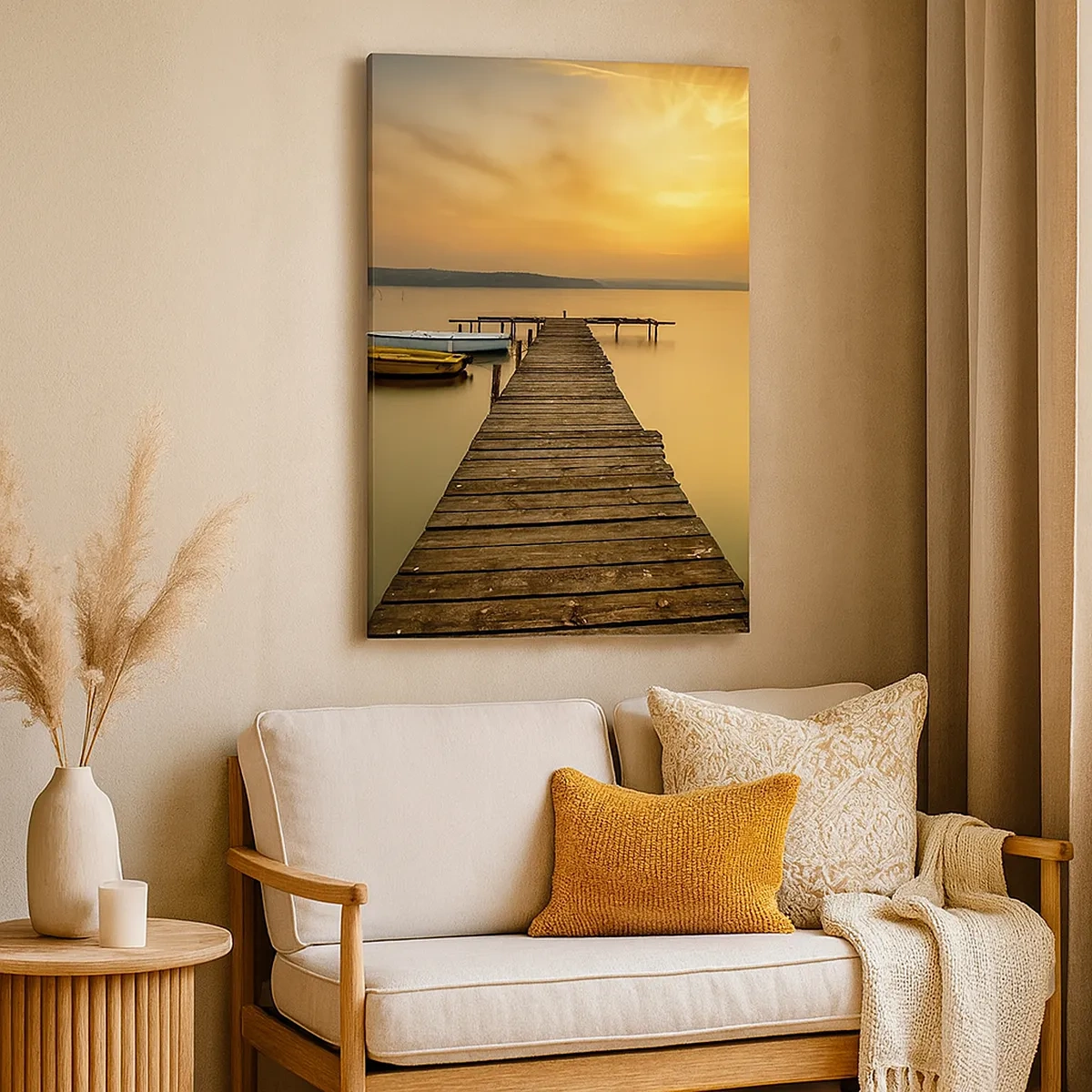 Cuadro sobre lienzo - Impresión de Imagen - Muelle de madera y barcos en el lago al atardecer - 50x70cm - Abriré el cielo dorado para ti - Decoración de pared moderna para salón y dormitorio ARTTOR