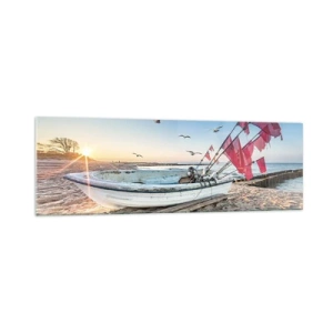 Cuadro sobre vidrio - Impresiones sobre Vidrio - Un barco en la playa al amanecer con gaviotas y banderas rojas. - 160x50cm - Un merecido descanso - Decoración de pared moderna para salón y dormitorio ARTTOR