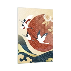 Cuadro sobre vidrio - Impresiones sobre Vidrio - Grúas japonesas sobre las olas contra un círculo rojo - 50x70cm - Un cuento de hadas japonés - Decoración de pared moderna para salón y dormitorio ARTTOR