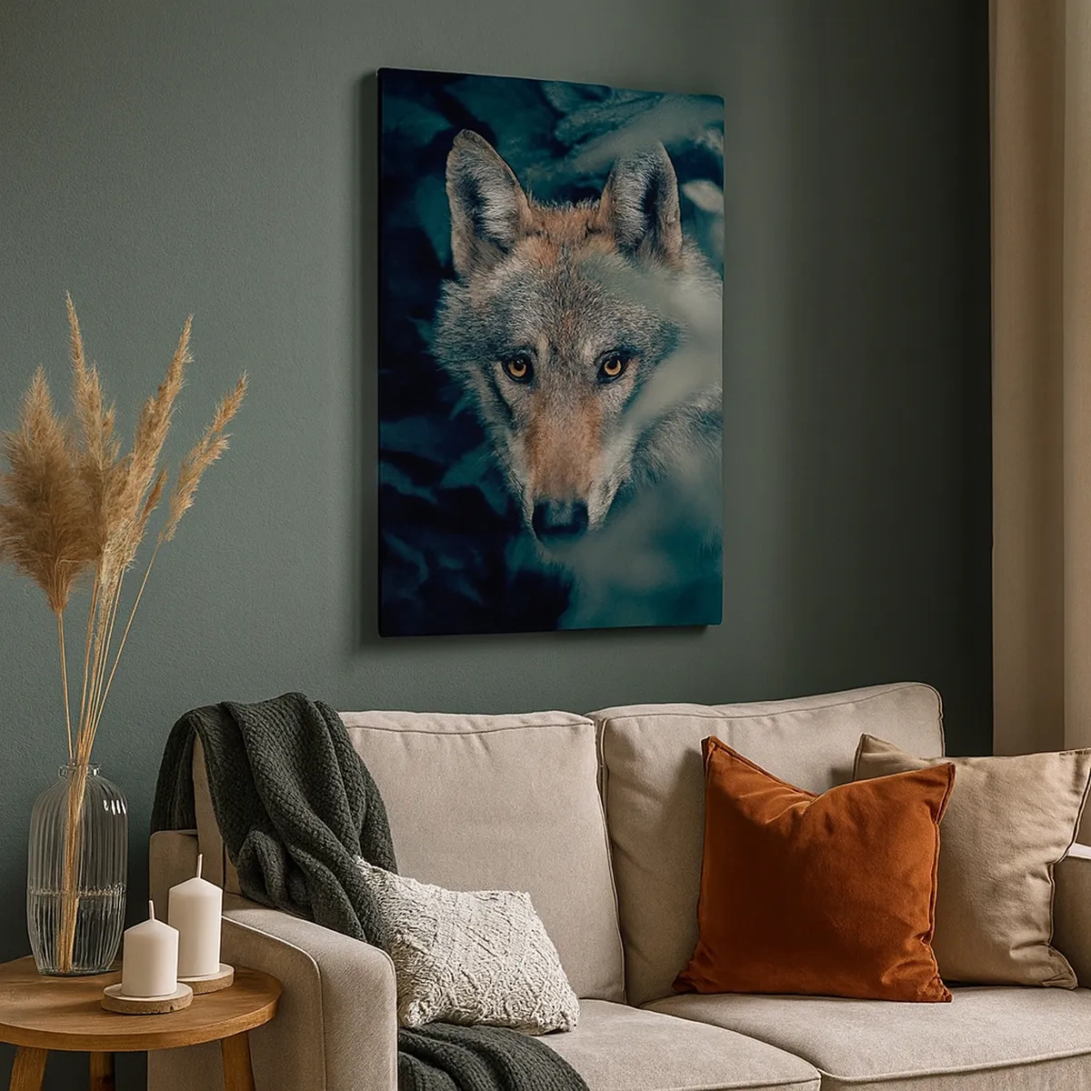 Cuadro sobre lienzo - Impresión de Imagen - Un lobo en su entorno natural, mirando desde las profundidades del bosque. - 50x70cm - Cazador - Decoración de pared moderna para salón y dormitorio ARTTOR