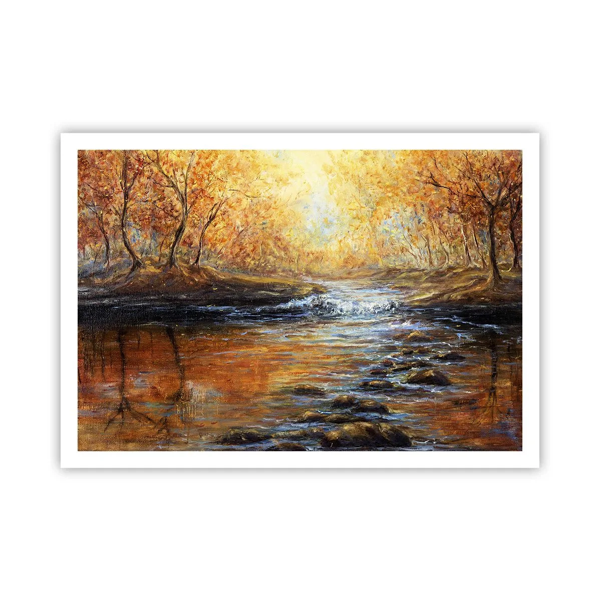 Póster - Paisaje otoñal con un río entre los árboles. - 100x70cm - Arroyo de oro - Decoración de pared moderna para salón y dormitorio ARTTOR
