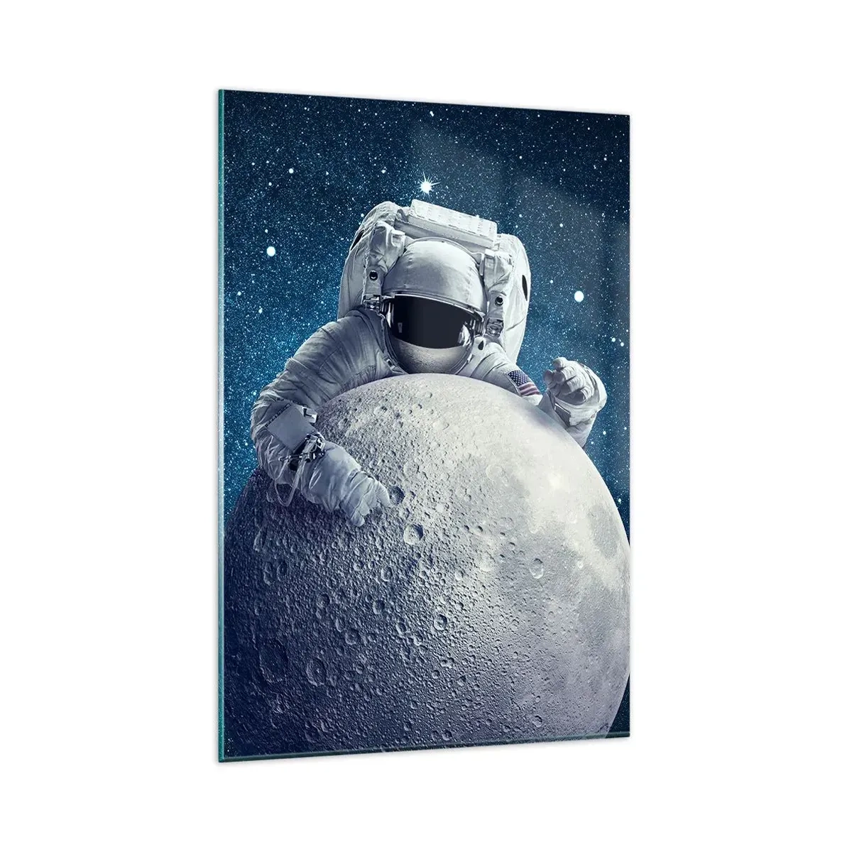 Cuadro sobre vidrio - Impresiones sobre Vidrio - Astronauta sosteniendo la luna contra un cielo estrellado - 80x120cm - Bromista espacial - Decoración de pared moderna para salón y dormitorio ARTTOR