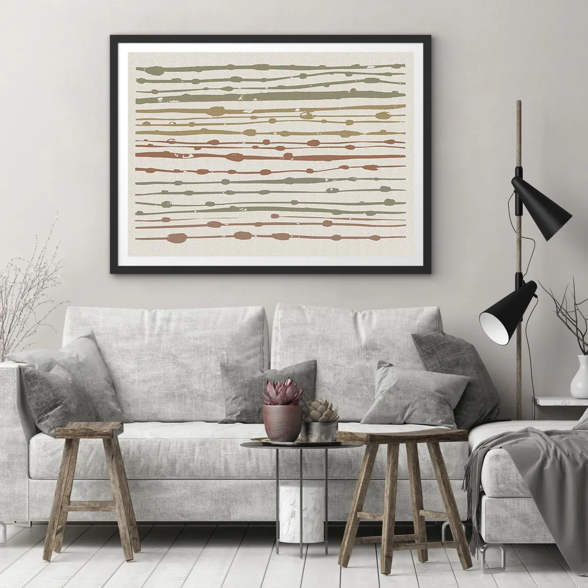 Póster en marco negro - Un patrón de líneas en tonos cálidos sobre un fondo claro. - 70x50cm - Composición de notas musicales - Decoración de pared moderna para salón y dormitorio ARTTOR