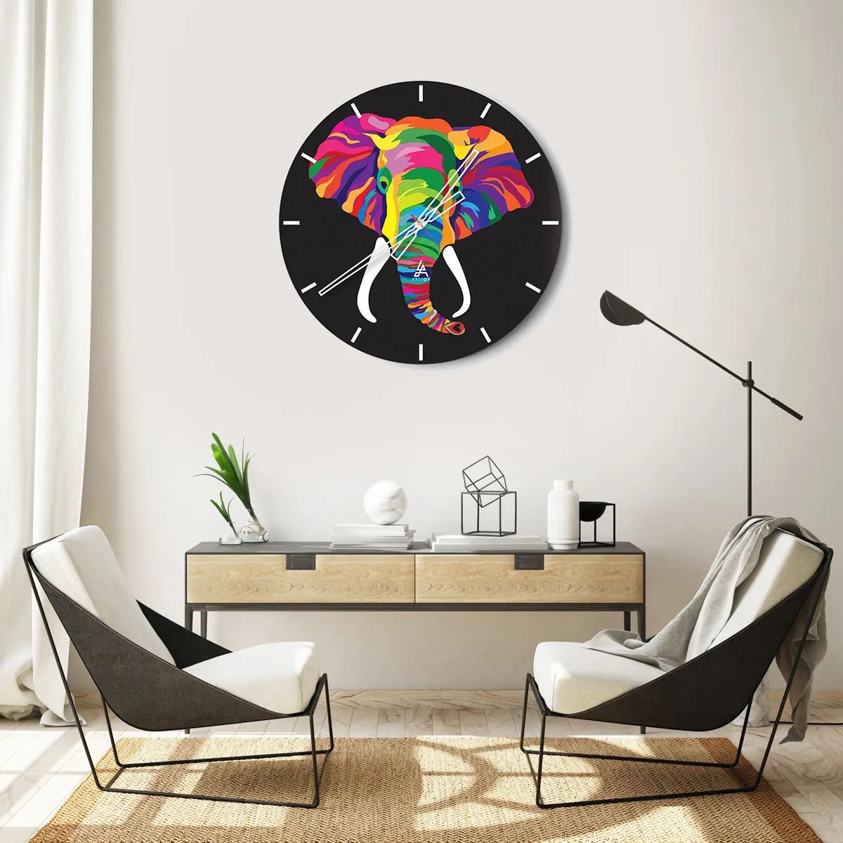Reloj de pared - Reloj de vidrio - El elefante al que le gustaba bañarse en el arco iris - 30x30 cm
