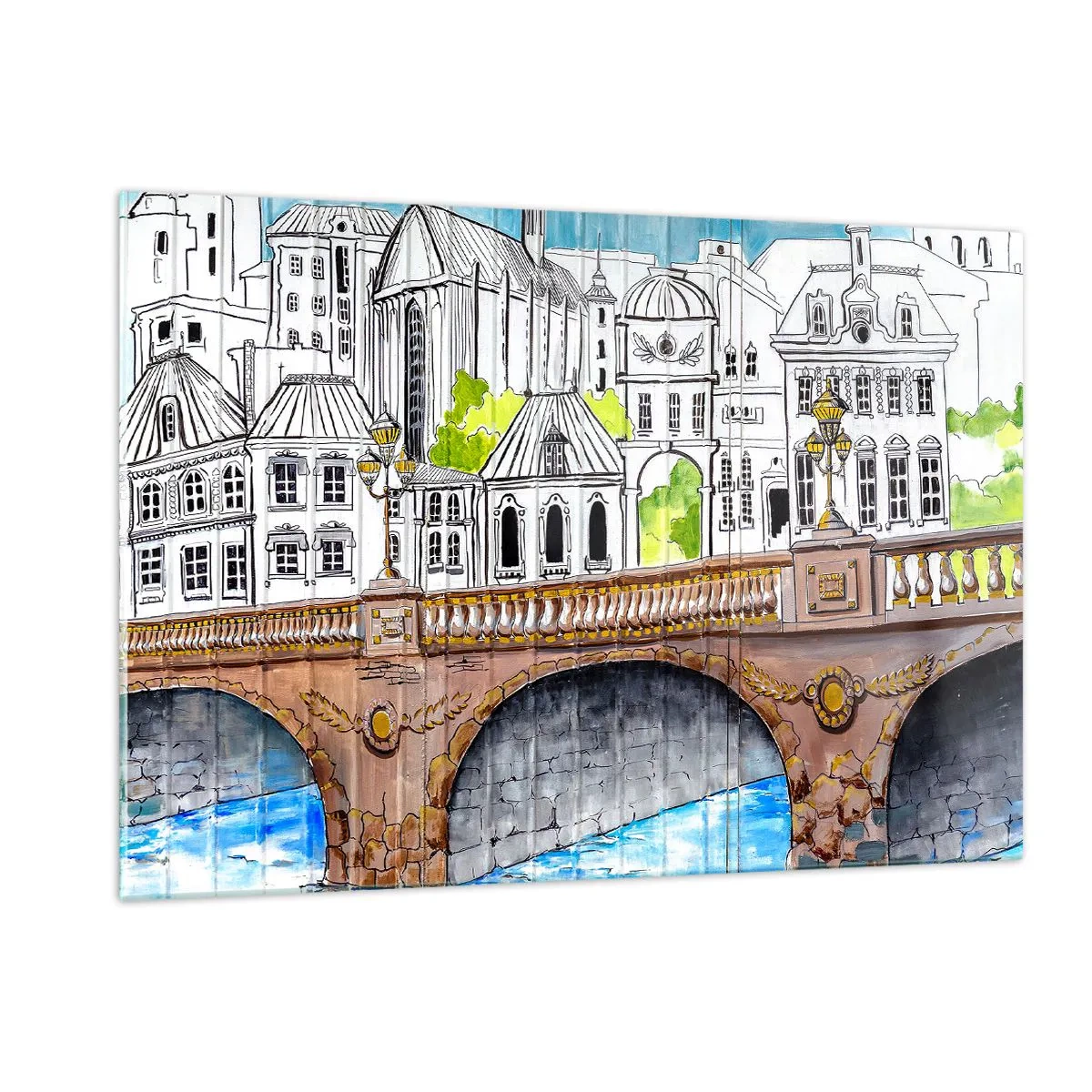 Cuadro sobre vidrio - Impresiones sobre Vidrio - El puente y la arquitectura urbana en forma de boceto de acuarela. - 120x80cm - Una ciudad de dibujo - Decoración de pared moderna para salón y dormitorio ARTTOR