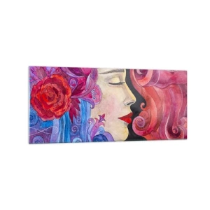 Cuadro sobre vidrio - Impresiones sobre Vidrio - Perfil colorido de una mujer en estilo artístico. - 120x50cm - Inspiración en rojo y violeta - Decoración de pared moderna para salón y dormitorio ARTTOR