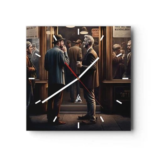 Reloj de pared - Reloj de vidrio - Escena callejera con gente frente a un café retro. - 30x30cm - Un buen momento del día - Decoración de pared moderna para salón y dormitorio ARTTOR