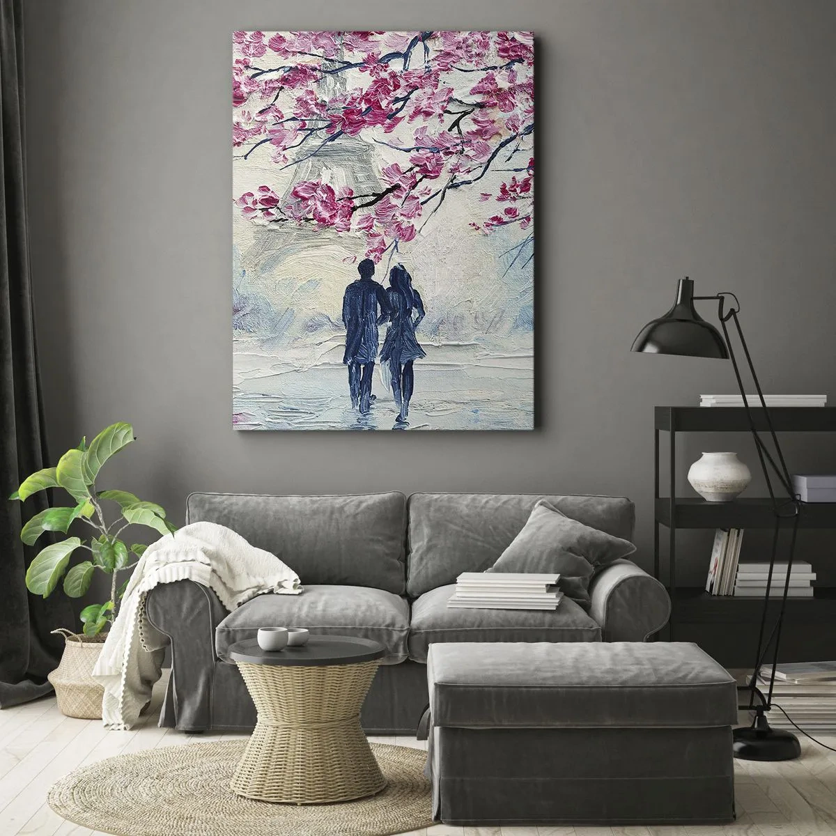 Cuadro sobre lienzo - Impresión de Imagen - Una pareja bajo árboles rosados en flor en un entorno romántico. - 50x70cm - Un paseo romántico - Decoración de pared moderna para salón y dormitorio ARTTOR