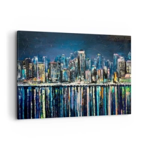 Cuadro sobre lienzo - Impresión de Imagen - Panorama de la ciudad nocturna reflejada en el agua. - 100x70cm - Una cascada de luces - Decoración de pared moderna para salón y dormitorio ARTTOR