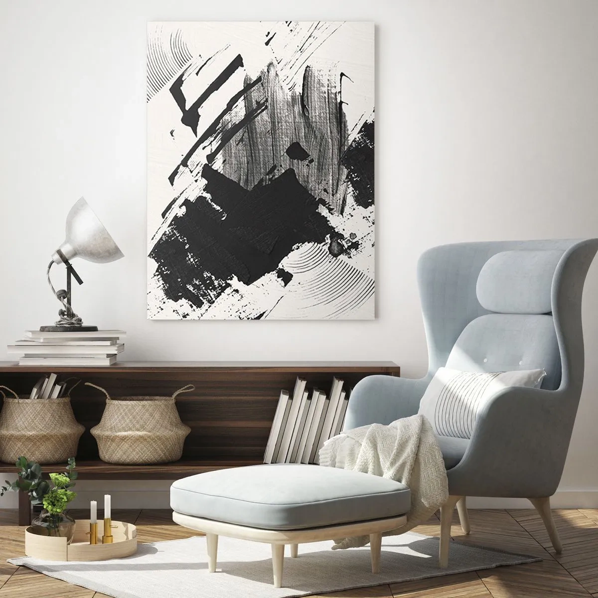 Cuadro sobre vidrio - Impresiones sobre Vidrio - Abstracción expresiva en blanco y negro con trazos dinámicos. - 50x70cm - Abstracción: la expresión del negro - Decoración de pared moderna para salón y dormitorio ARTTOR
