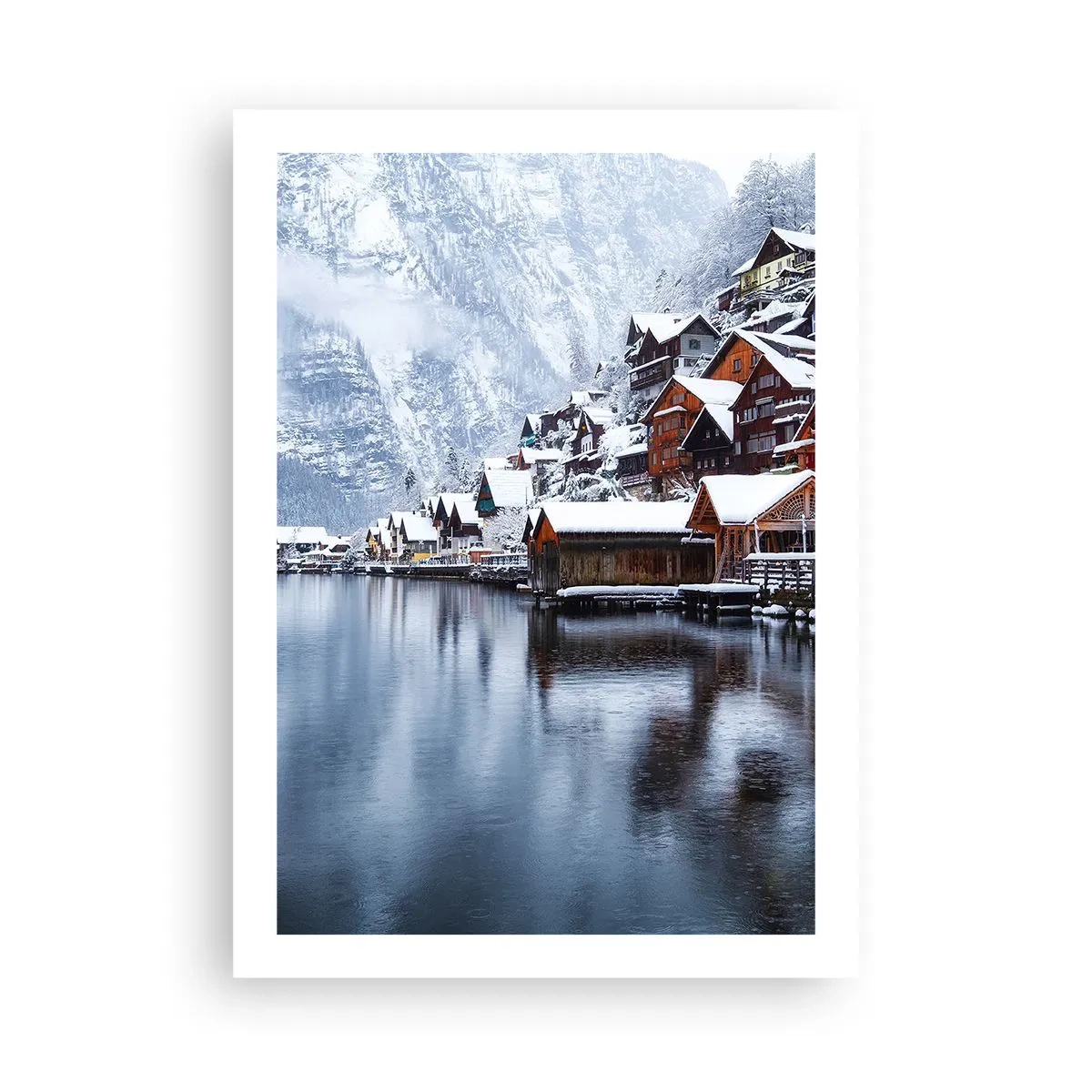 Póster - Paisaje invernal de un pueblo de montaña junto al lago - 50x70cm - En un decorado de invierno - Decoración de pared moderna para salón y dormitorio ARTTOR
