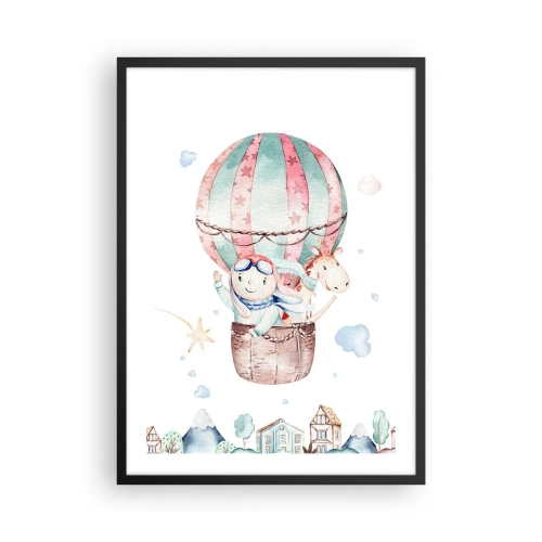 Póster en marco negro - Una linda ilustración de un oso de peluche volando en un globo sobre una ciudad. - 50x70cm - Volveremos pronto - Decoración de pared moderna para salón y dormitorio ARTTOR