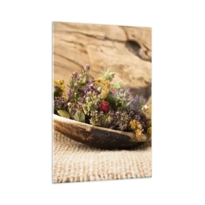 Cuadro sobre vidrio - Impresiones sobre Vidrio - Hierbas secas en una cuchara de madera sobre un fondo de madera natural. - 80x120cm - Flores coloridas y hierbas aromáticas - Decoración de pared moderna para salón y dormitorio ARTTOR