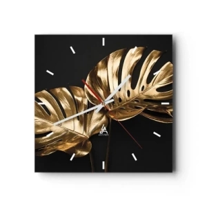 Reloj de pared - Reloj de vidrio - Hojas de monstera doradas sobre fondo negro - 30x30cm - Tesoros de la naturaleza - Decoración de pared moderna para salón y dormitorio ARTTOR