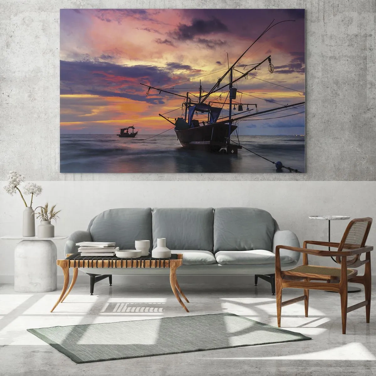 Cuadro sobre vidrio - Impresiones sobre Vidrio - Barcos de pesca en el mar al atardecer - 100x70cm - Una noche exótica - Decoración de pared moderna para salón y dormitorio ARTTOR