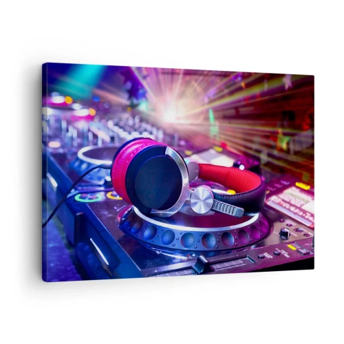 Cuadro sobre lienzo - Impresión de Imagen - Auriculares de DJ en una consola iluminada por focos en una fiesta - 70x50cm - Empieza la fiesta - Decoración de pared moderna para salón y dormitorio ARTTOR