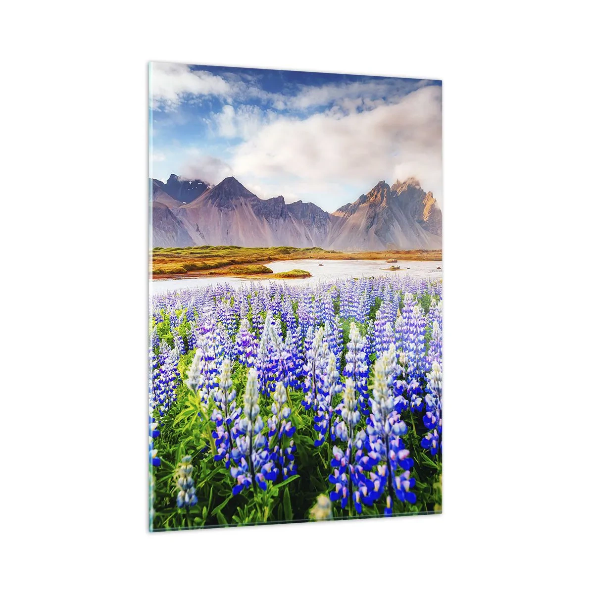 Cuadro sobre vidrio - Impresiones sobre Vidrio - Un paisaje de montaña con un prado florido y picos majestuosos. - 50x70cm - La fuerza y la severidad junto a la dulzura - Decoración de pared moderna para salón y dormitorio ARTTOR