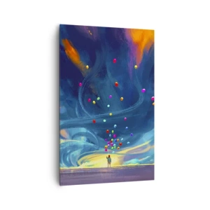 Cuadro sobre lienzo - Impresión de Imagen - Una figura con globos contra un fondo de nubes coloridas y arremolinadas. - 80x120cm - En un viento azul - Decoración de pared moderna para salón y dormitorio ARTTOR