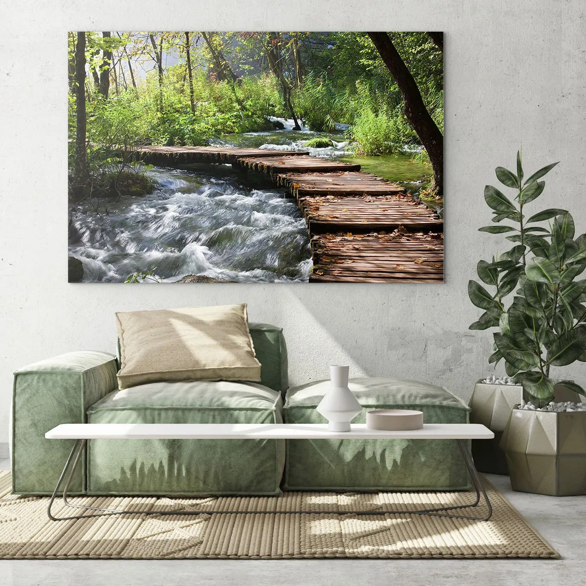 Cuadro sobre vidrio - Impresiones sobre Vidrio - Un puente de madera sobre un arroyo caudaloso - 70x50cm - Sobre una cascada de espuma - Decoración de pared moderna para salón y dormitorio ARTTOR