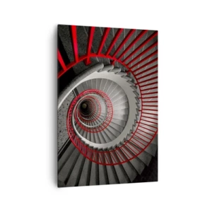 Cuadro sobre lienzo - Impresión de Imagen - Escalera de caracol con pasamanos rojos en perspectiva dinámica. - 70x100cm - Juegos arquitectónicos - Decoración de pared moderna para salón y dormitorio ARTTOR