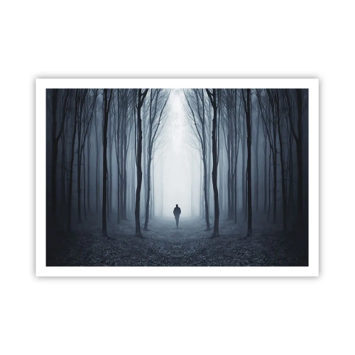 Póster - Una figura caminando entre los árboles en un bosque brumoso. - 100x70cm - Alto y claro - Decoración de pared moderna para salón y dormitorio ARTTOR