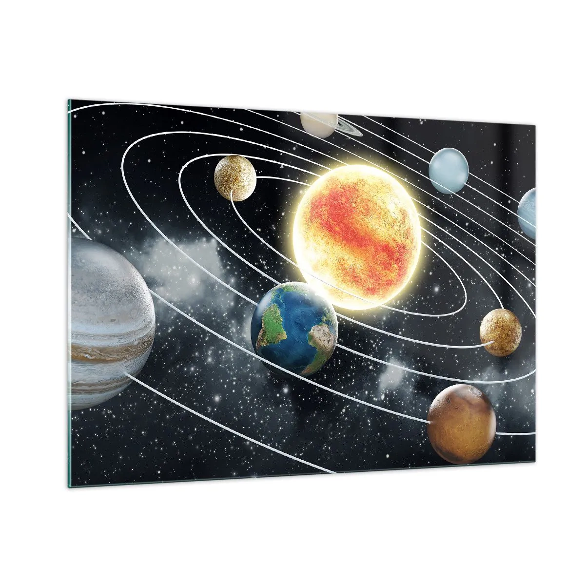Cuadro sobre vidrio - Impresiones sobre Vidrio - El sistema solar con planetas y órbitas contra el fondo del espacio. - 100x70cm - Danza cósmica - Decoración de pared moderna para salón y dormitorio ARTTOR