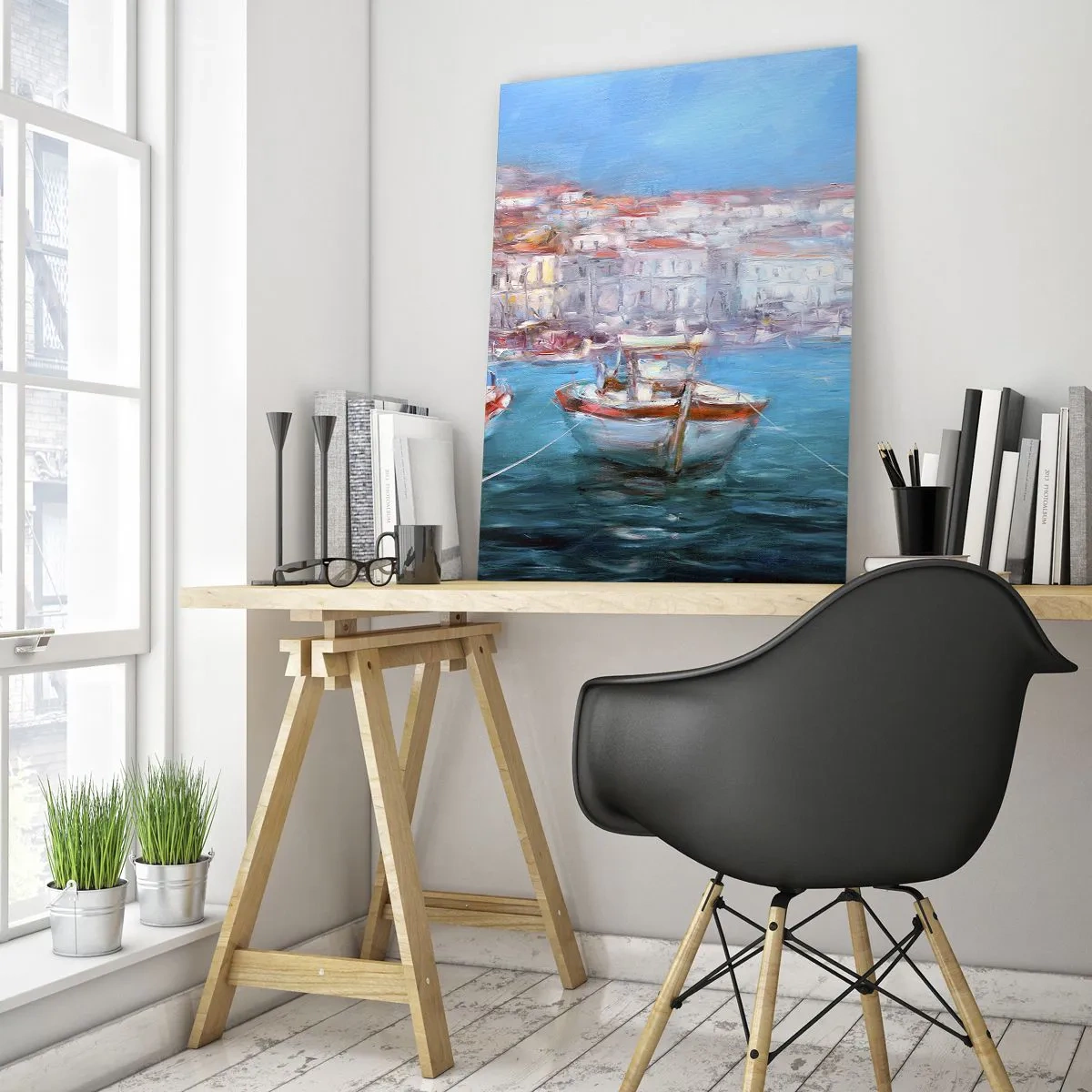 Cuadro sobre vidrio - Impresiones sobre Vidrio - Puerto pesquero con barcos con edificios italianos como telón de fondo y un cielo azul. - 50x70cm - Bahía italiana - Decoración de pared moderna para salón y dormitorio ARTTOR